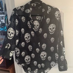 Sheer black and white skull print button up blouse